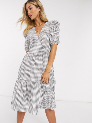 Vero Moda Tiered Midi Dress With Puff Sleeves In White Check