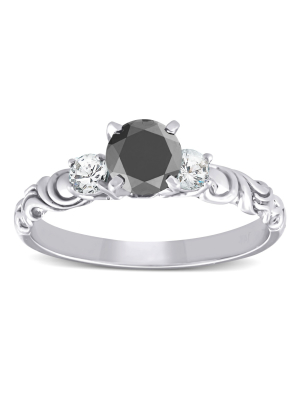 Pompeii3 1 1/14 Ct Black Diamond Three Stone Vintage Engagement Ring 14k White Gold