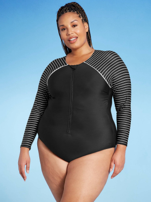 Women's Plus Size Long Sleeve Crewneck One Piece Rashguard - All In Motion™ Black & White Stripe