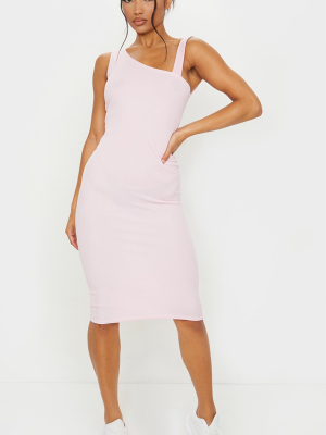 Baby Pink Ribbed Asymmetric Neck Midi...