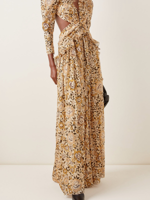 Tundra Cutout Printed Metallic Silk Maxi Dress