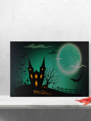 Northlight 23.5" Halloween Prelit Led Church In Cemetery Canvas Wall Art - Teal Blue/black