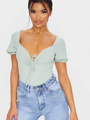 Sage Khaki Rib Ruched Front Short Sleeve Bodysuit