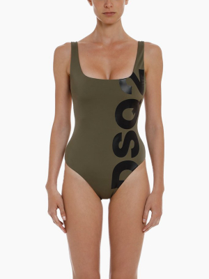 Low Back Logo One Piece Swimsuit - Military Green/black