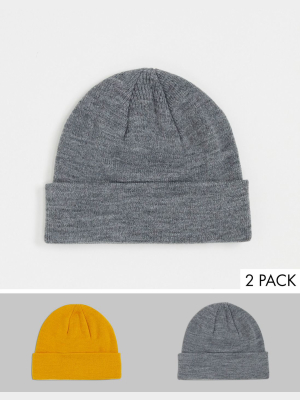 Jack & Jones 2 Pack Beanie In Yellow & Gray