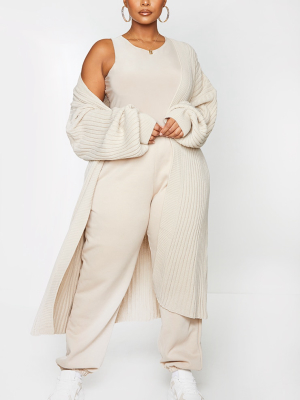 Plus Stone Ribbed Knitted Midi Cardigan