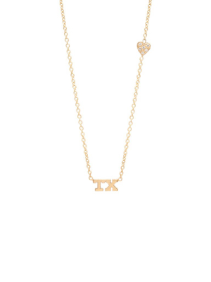 14k Tiny Tx Letter Necklace With Pave Off-set Heart