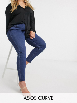 Asos Design Curve High Rise Ridley 'skinny' Jeans In Indigo Wash