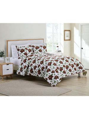 Kate Aurora Holiday Living 3 Piece Christmas Poinsettia Quilt Blanket Set