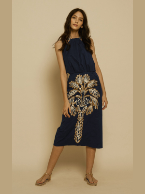 Angosturas Embroidered Cotton Midi Dress