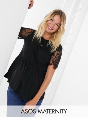 Asos Design Maternity Exclusive Smock Top With Lace Sleeve In Black