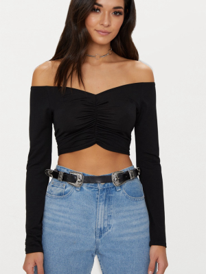 Black Slinky Ruched Front Long Sleeve Crop Top