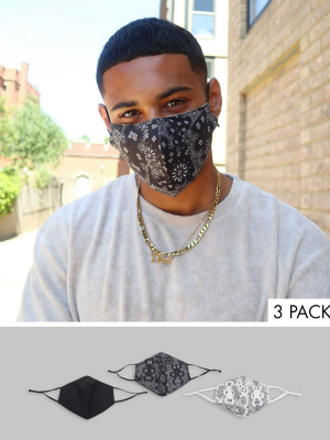 Asos Design 3 Pack Face Coverings With Adjustable Straps And Nose Clip In Monochrome Bandana Prints