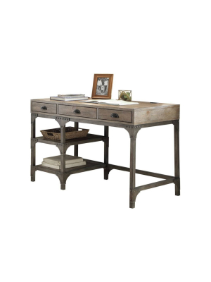 Wood And Metal Desk With 3 Drawers And 2 Side Shelves Brown/gray - Benzara