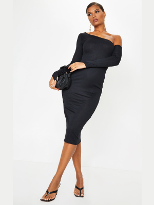 Black Ribbed One Shoulder Sleeve Detail Midi Dress