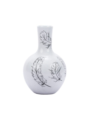 White Globular Vase With Black Feathers