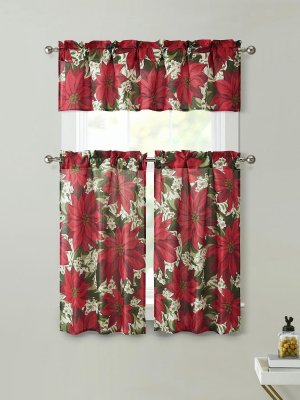 Kate Aurora Holiday Classic Poinsettia Christmas 3 Pc Kitchen Curtain Tier & Valance Set