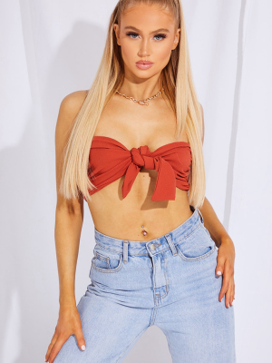 Rust Crepe Bandeau Tie Front Crop Top