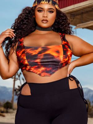 Plus Orange Flame Print Velvet Crop Top