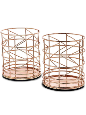 Juvale 2-pack Rose Gold Metal Wire Pen Holders, Makeup Brush Pencil Cup, 3.5" X 3.5" X 4"