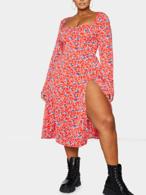 Plus Red Floral Print Cupped Split Detail Midi...