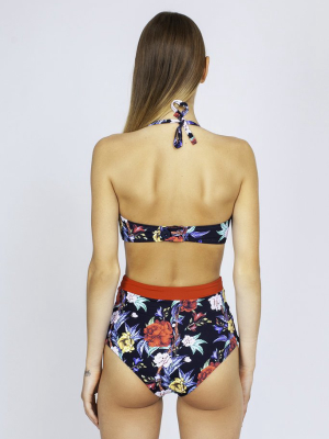 Betty Color Block High Waist Bikini Bottom - Ruby Red/pique Floral Print