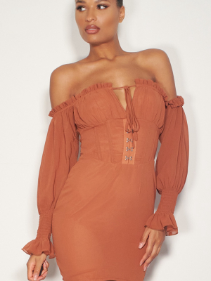 Terracotta Chiffon Hook & Eye Tie Front Bodycon...