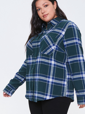 Plus Size Plaid Curved-hem Shirt