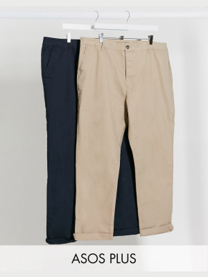 Asos Design Plus 2 Pack Slim Chinos In Navy & Stone Save