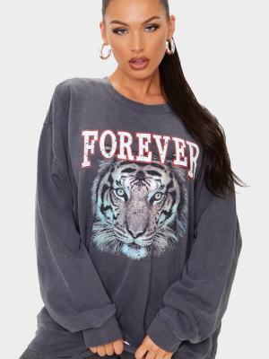 Grey Tiger Printed Washed Sweatshirt