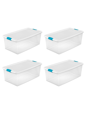 Sterilite 106 Quart Clear Plastic Latching Lid Storage Tote Container, 4 Pack