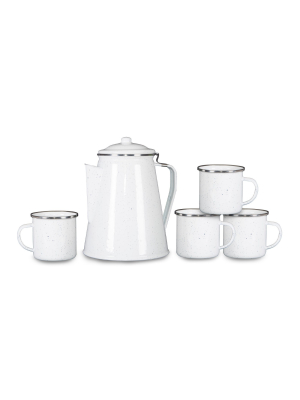 Stansport Enamel 8 Cup Coffee Pot With Percolator And 4 12oz Mugs White