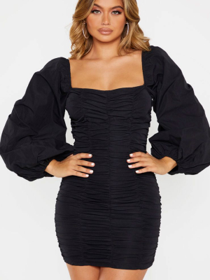 Black Balloon Sleeve Ruched Bodycon Dress