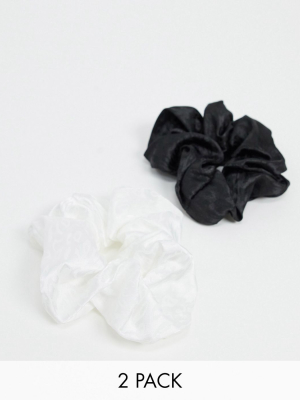 Asos Design Pack Of 2 Large Scrunchies In Black And White Leopard Satin
