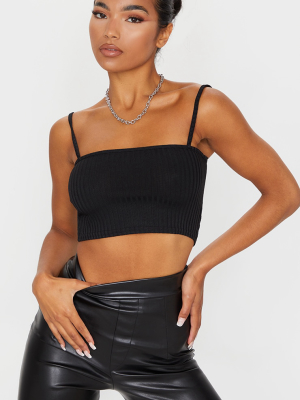 Black Rib Square Neck Strappy Crop Top