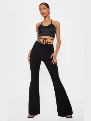 Black Slinky Ruched Waist Flared Pants