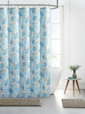 Kate Aurora Hampton Bay Beachside Blue Seashells & Corals Fabric Shower Curtain