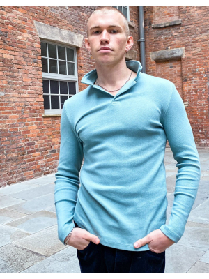 Asos Design Long Sleeve Waffle Revere Polo In Blue