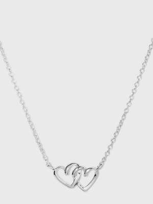 Sterling Silver Linked Double Open Heart Necklace - Silver