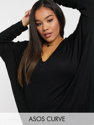 Asos Design Curve Oversized V-neck Batwing Sleeve Top In Drapey Rib In Black