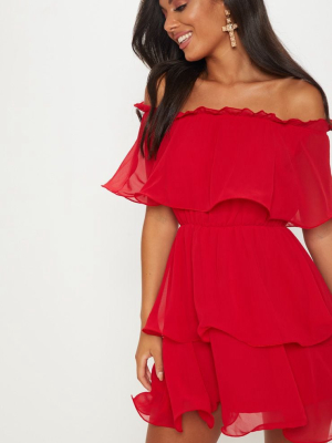 Red Chiffon Bardot Ruffle Tiered Dress