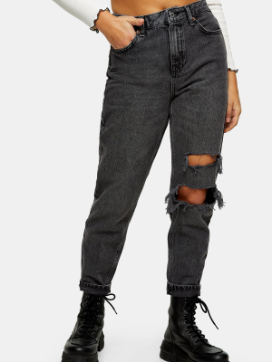 Petite Washed Black Mom Tapered Ripped Jeans