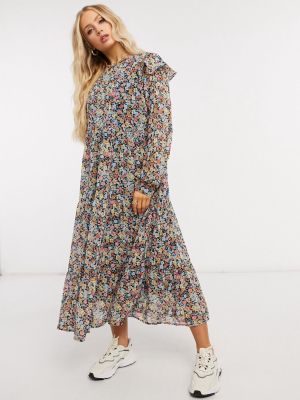 Pieces Midi Dress With Ruffle Detail In Mixed Floral