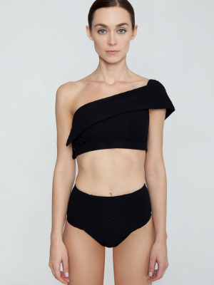 Joanne One Shoulder Textured Bikini Top - Black