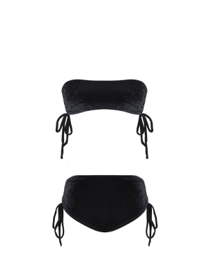 Frilled Velvet Hot Pants Bikini With Ties