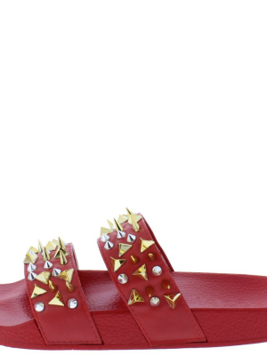 Diane077 Red Studded Dual Strap Open Toe Flat Sandal