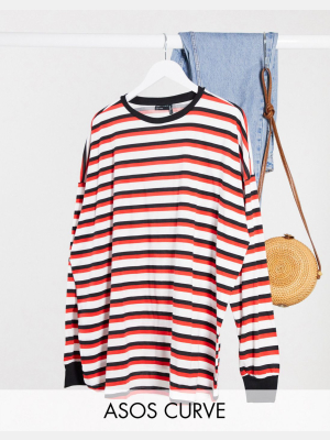 Asos Design Curve Long Sleeve Striped T-shirt With Cuff In White