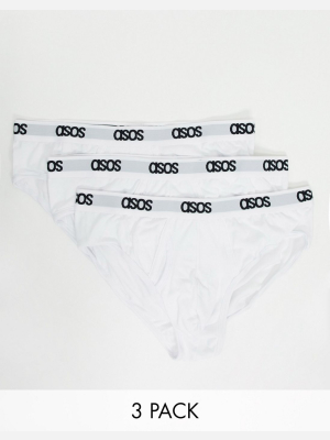 Asos Design 3-pack Briefs In White With Branded Waistband