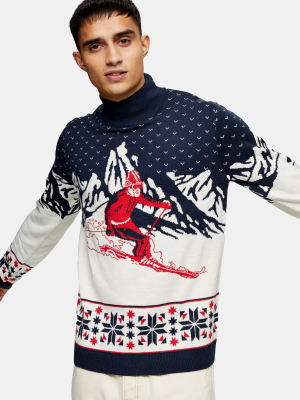 Navy Skier Roll Neck Knitted Ugly Sweater