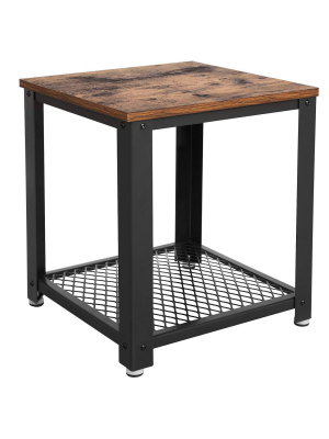 Metal Frame End Table With Wooden Top And Wide Mesh Bottom Shelf Brown And Black - Benzara